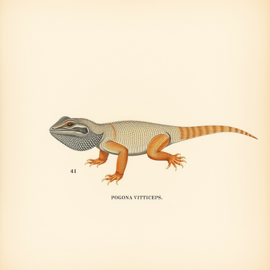 Tavola illustrata di Pogona vitticeps, il drago barbuto, in stile naturalistico ottocentesco.