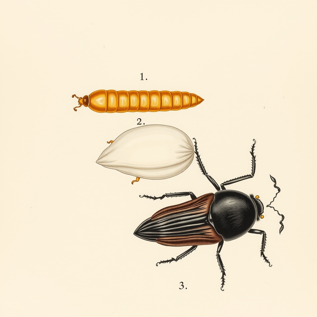 Tavola illustrata delle fasi di sviluppo di Tenebrio molitor: larva, pupa e adulto, in stile naturalistico ottocentesco.