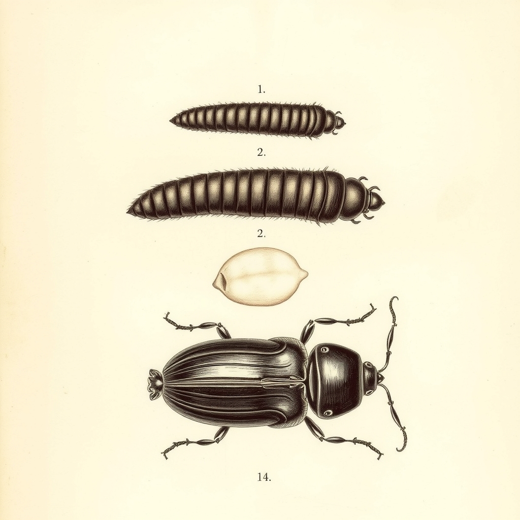 Tavola illustrata delle fasi di sviluppo di Zophobas morio: larva, larva matura, pupa e adulto, in stile naturalistico ottocentesco.