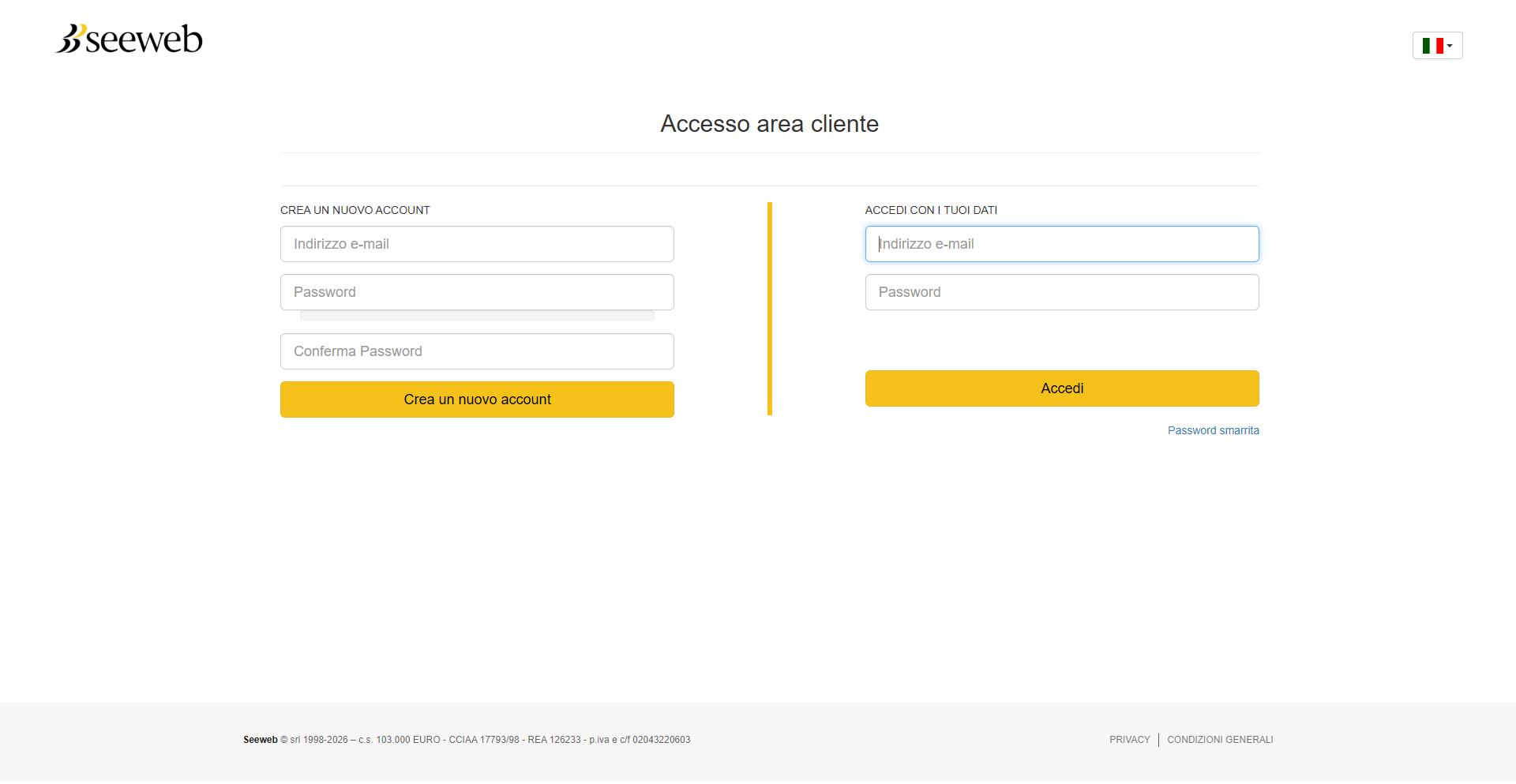 Form di creazione account Seeweb con campi email, password, conferma password