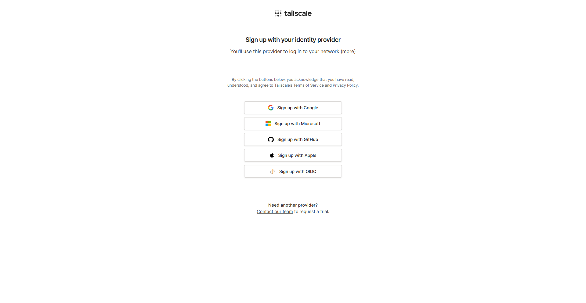 Pagina di signup Tailscale con i pulsanti Google, Microsoft, GitHub, Apple, OIDC